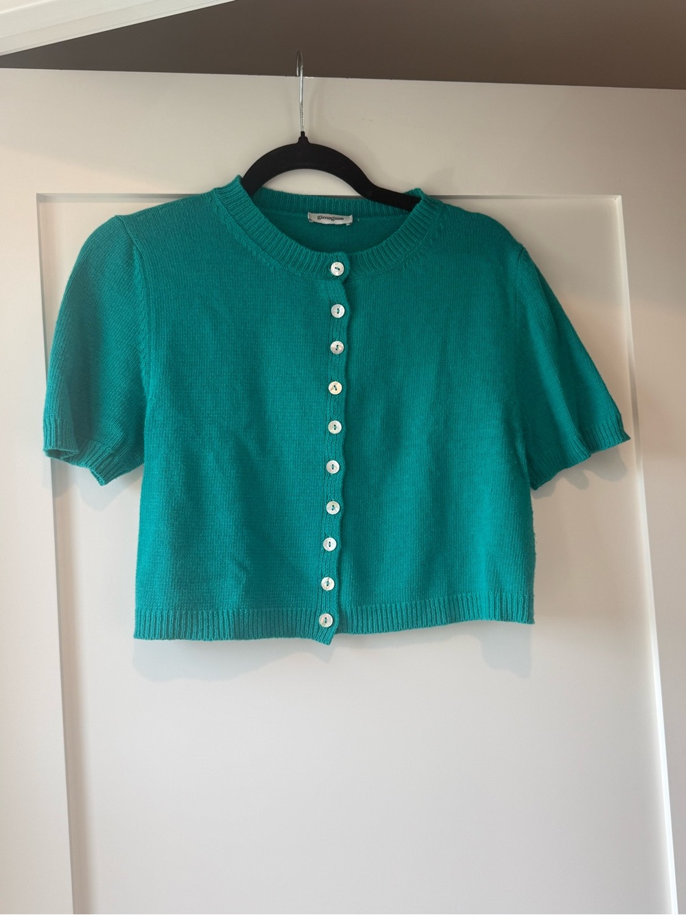 Gimaguas Turquoise Cropped Knit Button Cardigan Short Sleeve